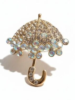 Crystal Umbrella Brooch - Gold Tone with Aurora Rhinestones